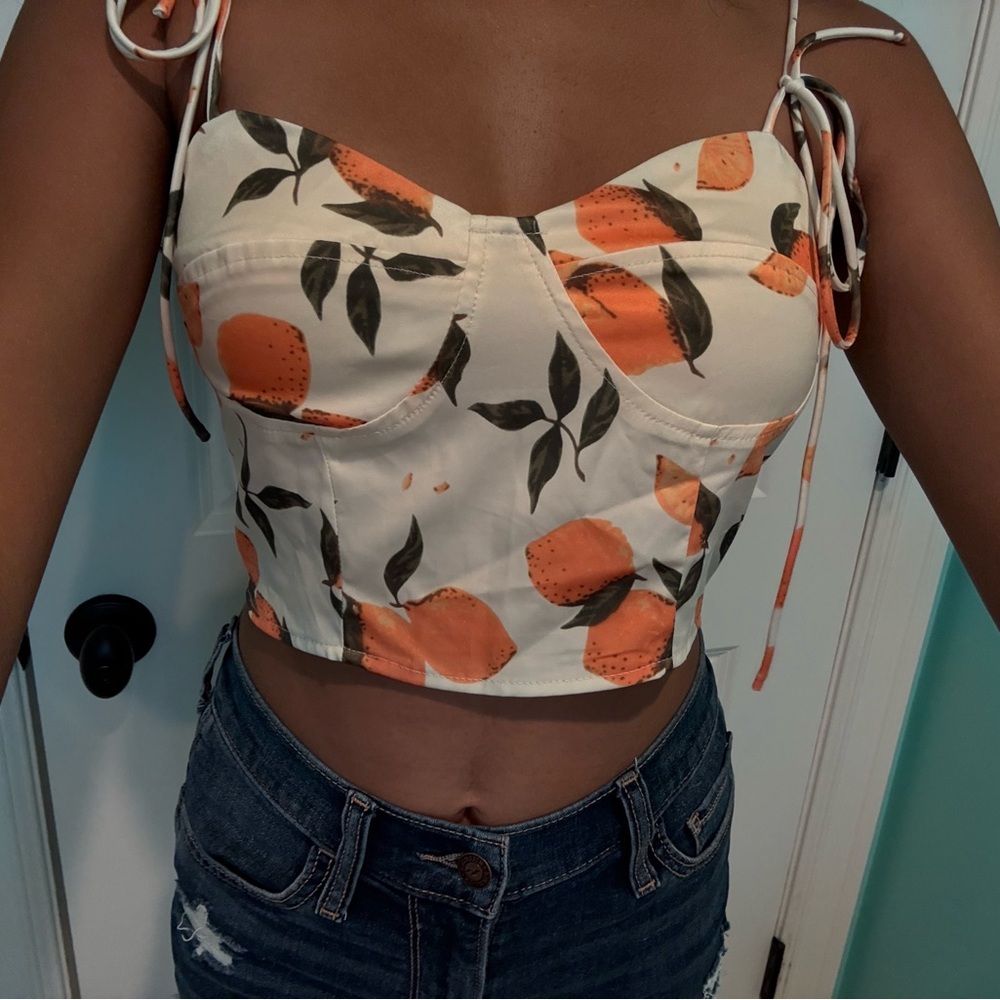 cider cute tangerine patterned tie straps top with corset details🍊🍊